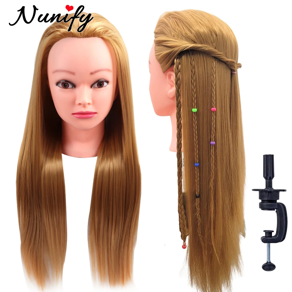 

Голова манекена для макияжа Nunify с длинными синтетическими волосами, кукольная голова с прямыми волосами, тренировочная голова для парикмахера с подставкой