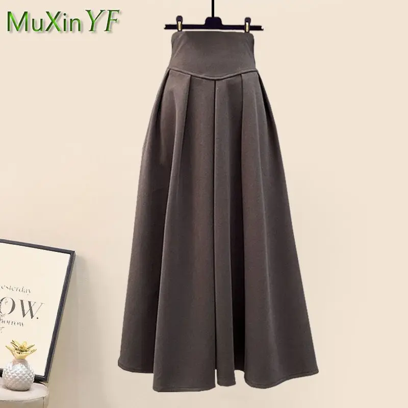 Women\'s Autumn Winter New Knit Hooded Sweater High Waist Midi Skirt Two Piece Korean Elegant Loose Pullover Dress Matching Set