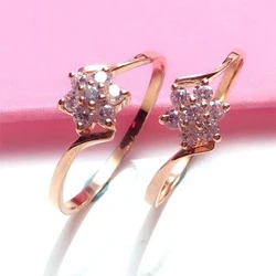 585 Purple Gold Inlaid Simple Crystal Flower Rings For Women14k Rose Gold Light Luxury Fresh Engagement Party Jewelry Gift