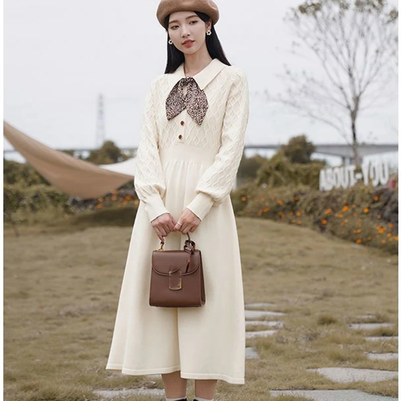 

Turn-down Collar Waist Preppy Style Dresses Autumn Apricot Scarf Button Dresses Women's Fashion Patchwork Slim A-line Dresses