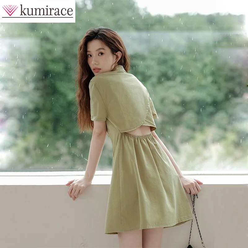 

Short Stature Dress for Women's Summer 2024 Korean Version New Dress with a Slim Waist Design and Short Sleeved Shirt Skirt