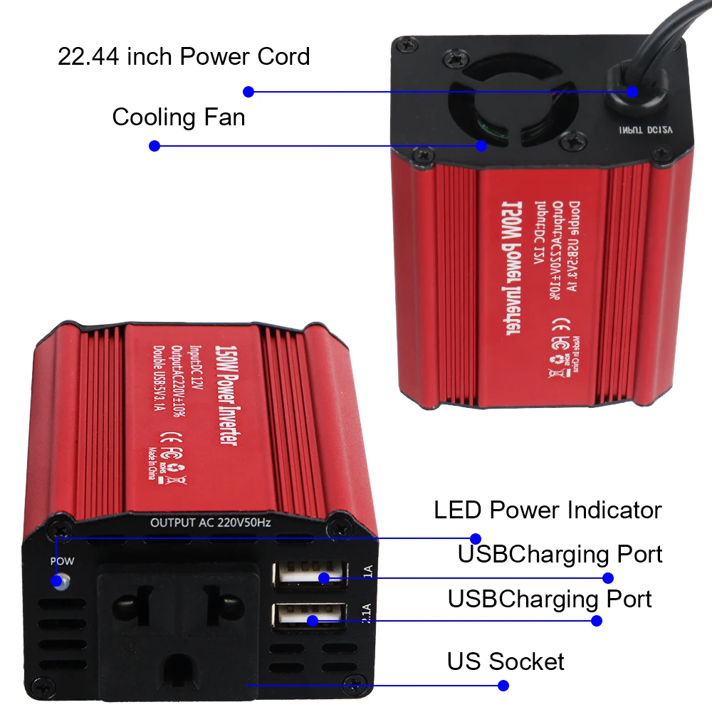 Car Charger Power Adapter for car 150W Power Inverter 300W Peak Power with 2 USB Charging Ports 12V to 220V Voltage Converter