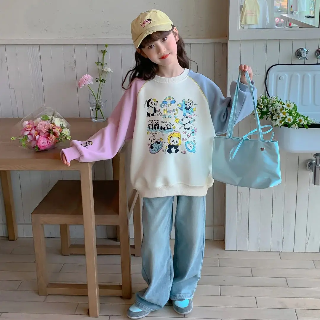 

Girls' 2025 Spring/Autumn New Arrival Stylish Thin Crewneck Sweatshirt for Kids Spring Outfit