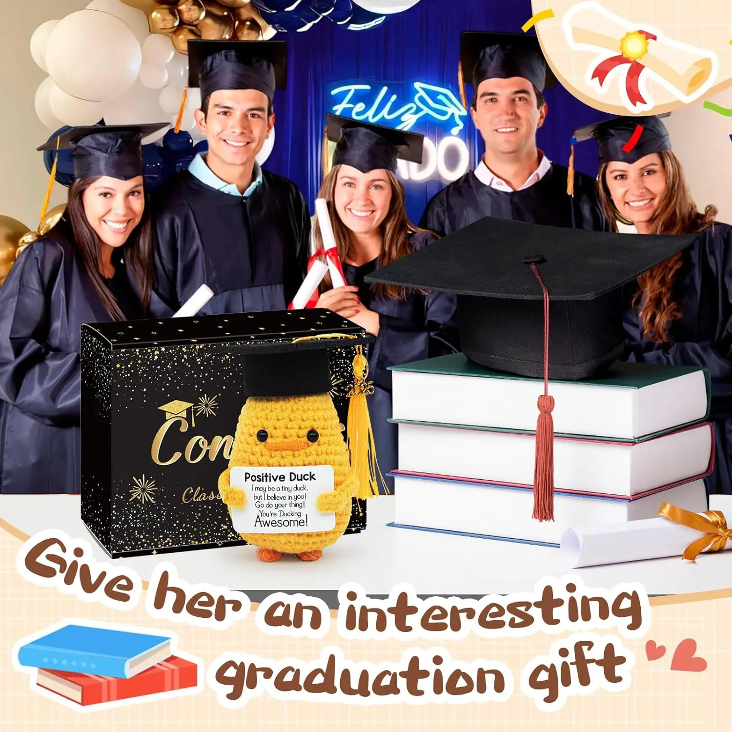 Graduation Gifts for 2025 - Inspirational Positive Duck with Cap and Greeting Card Funny Pickle for Her Girls Him Boys School