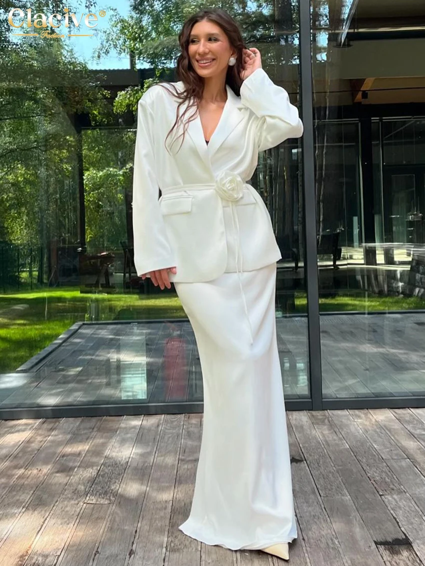 Clacive Fashion Luźne białe satynowe 2-częściowe zestawy damskie Outfit 2025 Elegancka koszula z długim rękawem i długą spódnicą z wysokim stanem dla kobiet