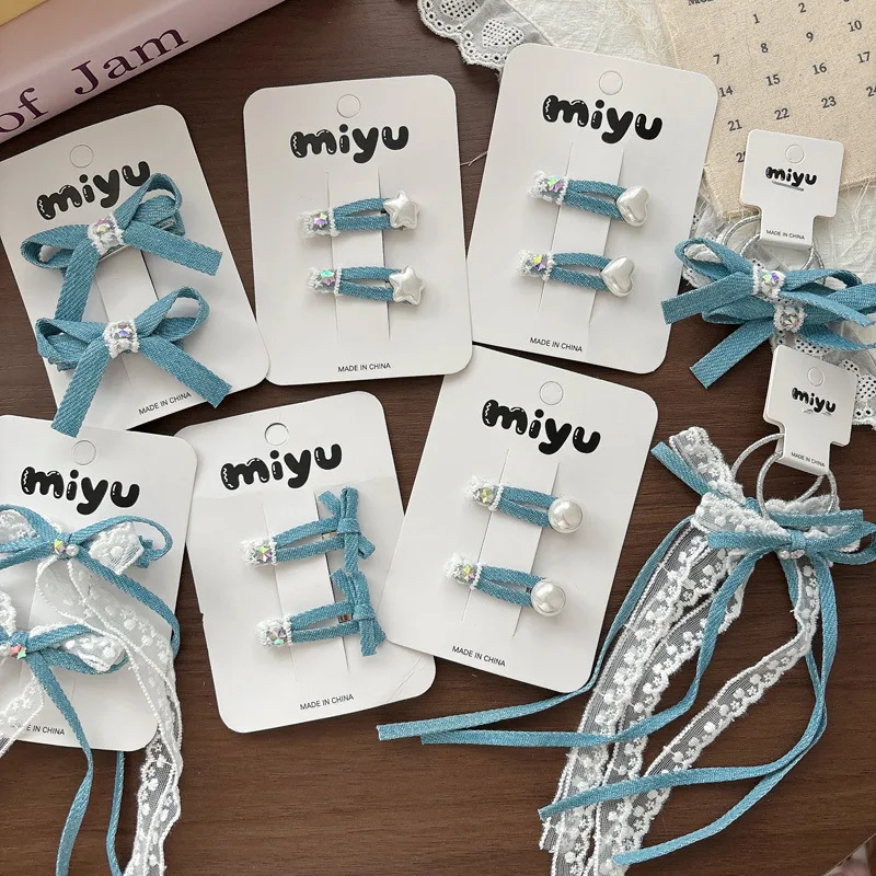 

Sweet Lace Denim Bow Hair Barrettes Pearl Decor BB Clips Versatile Teen Girls Bangs Broken Hair Bands Daily Styling Accessories