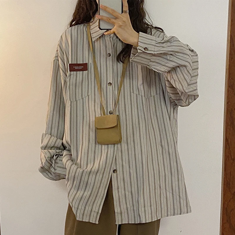 American Vintage Striped Women Shirt Autumn Long Sleeve Loose Blouse Harajuku Oversize Preppy Retro Female Camisas Tops