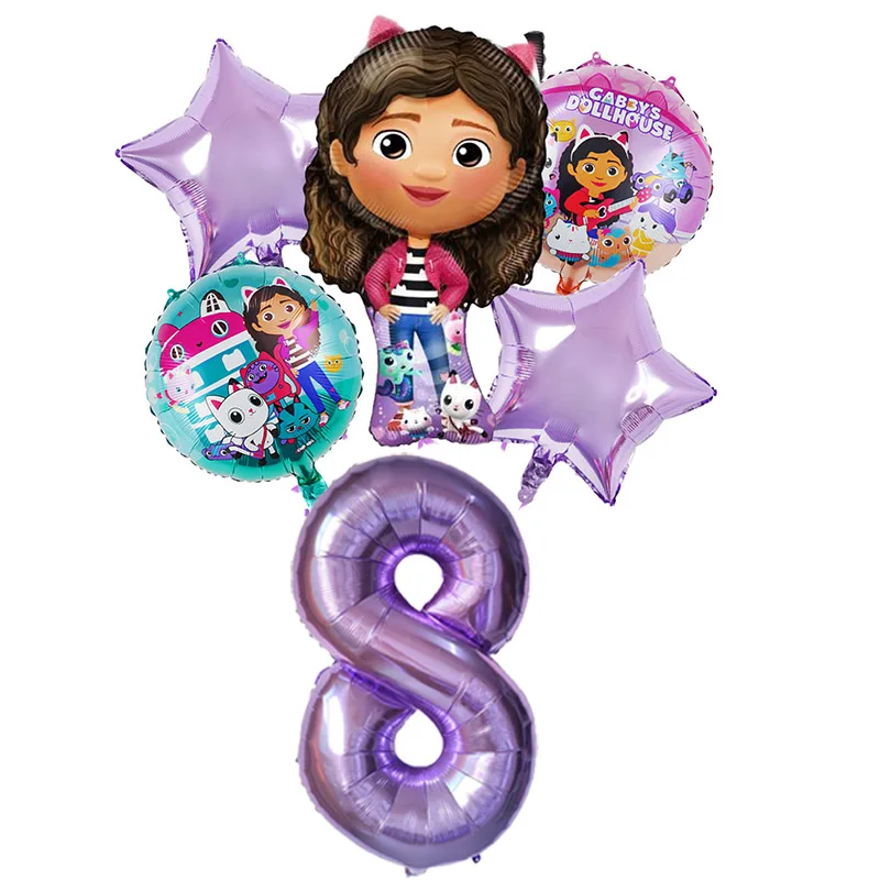 6 pezzi Gabby DollHouse palloncini metallici cartoni animati per ragazze decorazioni per feste di compleanno forniture Baby Shower Globos