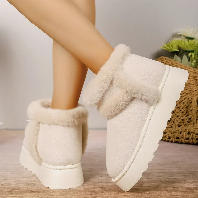 2024 Winter Women Short Plush Warm Snow Boots Casual Shoes New Suede Fur Chelsea Ankle Boots Flats Platform Ladies Shoes Botas