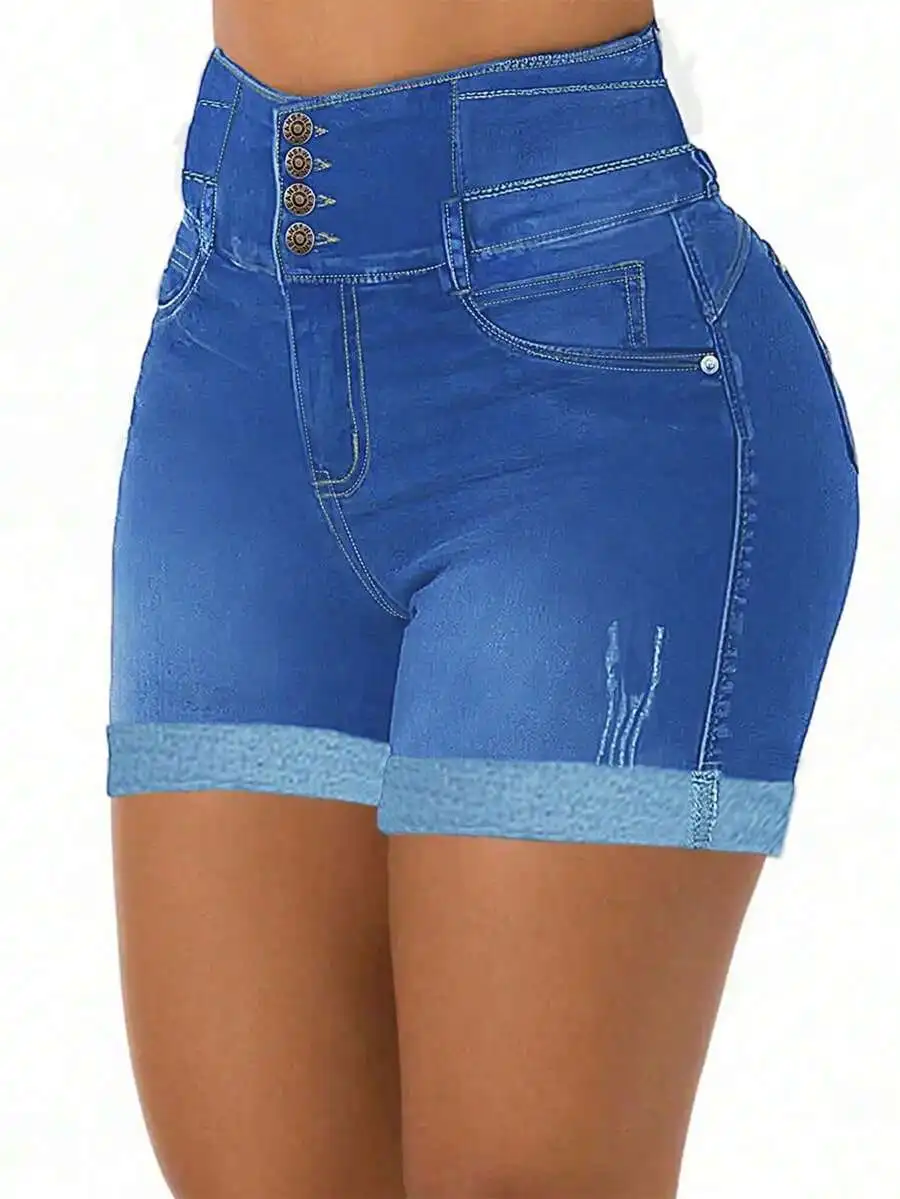 High Waist Stretch Denim Shorts With Button Closure And Pockets