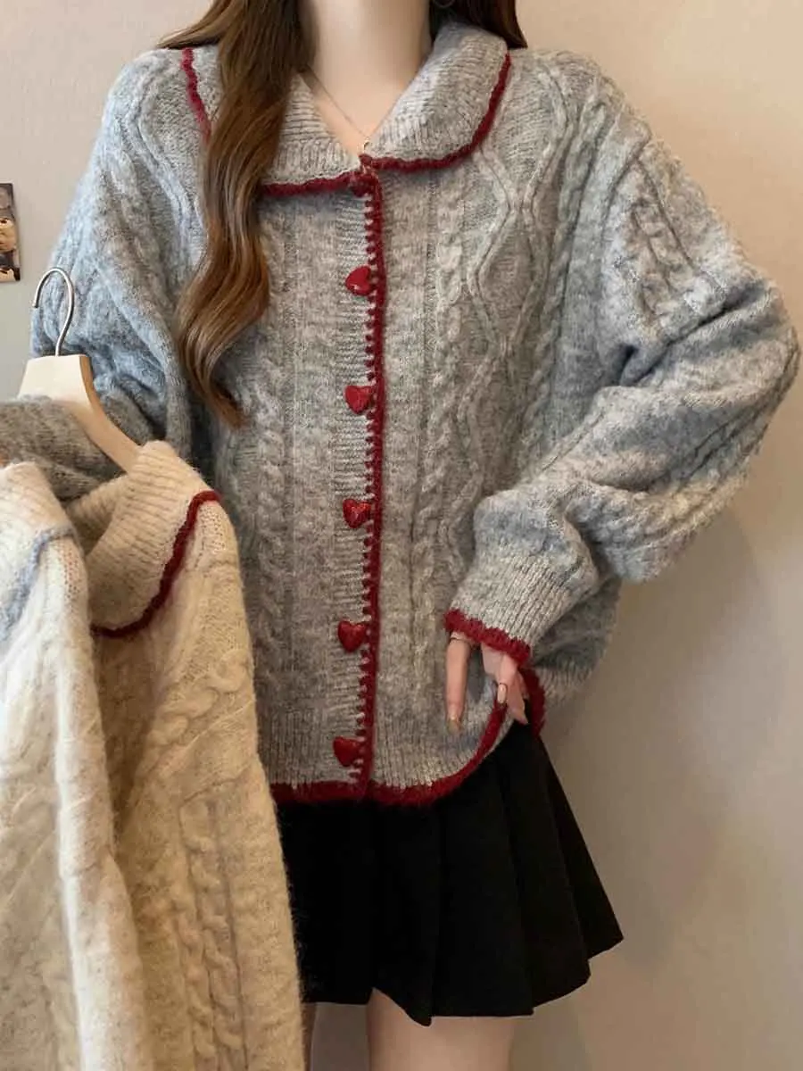 

Chic Korean Sle Loose Women's Knitted Sweater Coat Doll Collar Long Sve Soft Nurturing Spring Autumn New Arrival