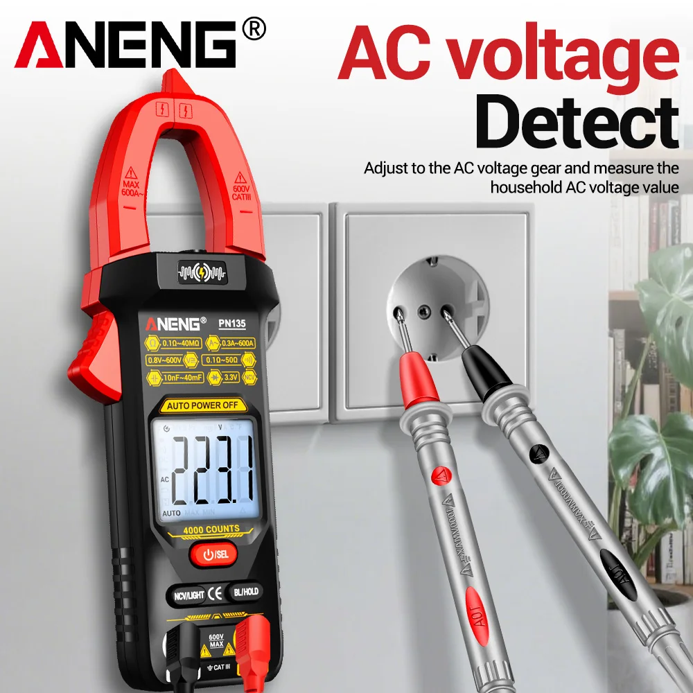 

ANENG PN135 4000 измерений, амперметр, вольтметр переменного/постоянного тока для автомобиля, измерение напряжения и тока, NCV, тестирование сопротивления и емкости, умный мультиметр-клещи
