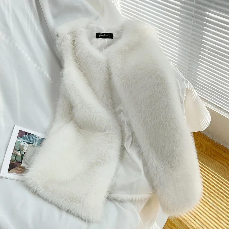 Pink Faux Fox Fur Vest for Women American Style Sleeveless V‑Neck Short Furry Waistcoat Winter Thicken Warm Gilet Outerwear