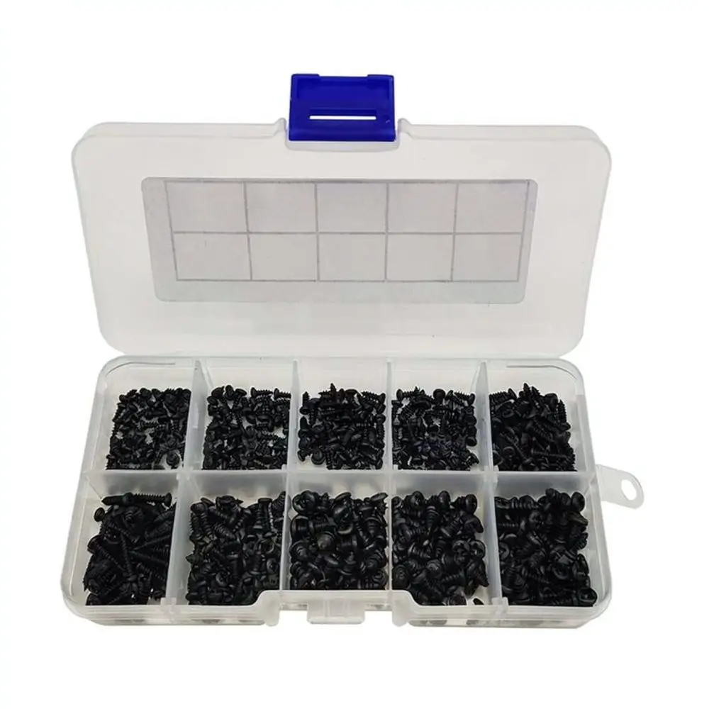Carbon Steel Self Tapping Screws Set Pan Head Phillips Drive Assorted Sizes For Metal Plastic Wood Fastener Hardware Box Black