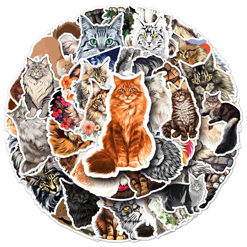 50pcs Cartoon Maine Coon Cat Stickers For Guitar Phone Scrapbook Suitcase DIY Retro Sticker Craft Supplies