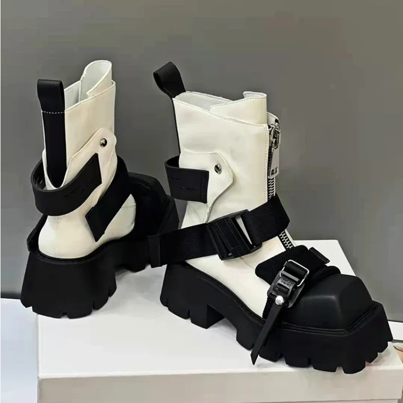 Genuine Leather Boots Women 2024 Tube Platform Boots Belt Buckle Design Cool Biker Botas Square Thick Bottom Head Ankle Boots