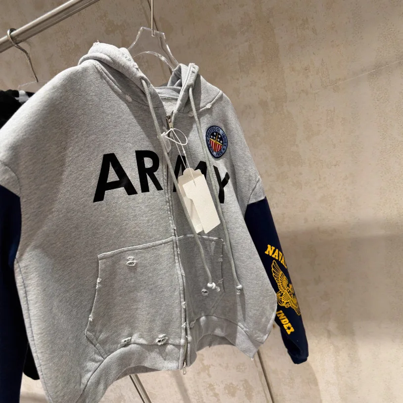 PROJEKT G/R 2026 Patchwork ARMEE Vintage Beschädigte Strickjacke Pullover Männer Frauen Beste Qualität Hoodie
