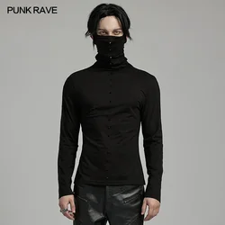 PUNK RAVE Men's Punk High Collar Ear Holes Design Long Sleeved T-shirt Handsome Cool Black Tees Tops Streetwear Men Clothing