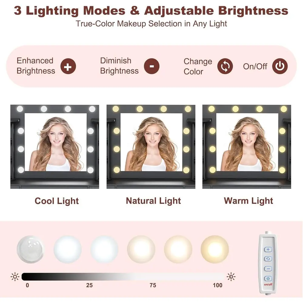 Lighted Makeup Vanity Desk with Storage, Rotating Organizers, USB-C Charging, 3 Drawers & 2 Cabinets, Bedroom & Living Room, Bla image 4