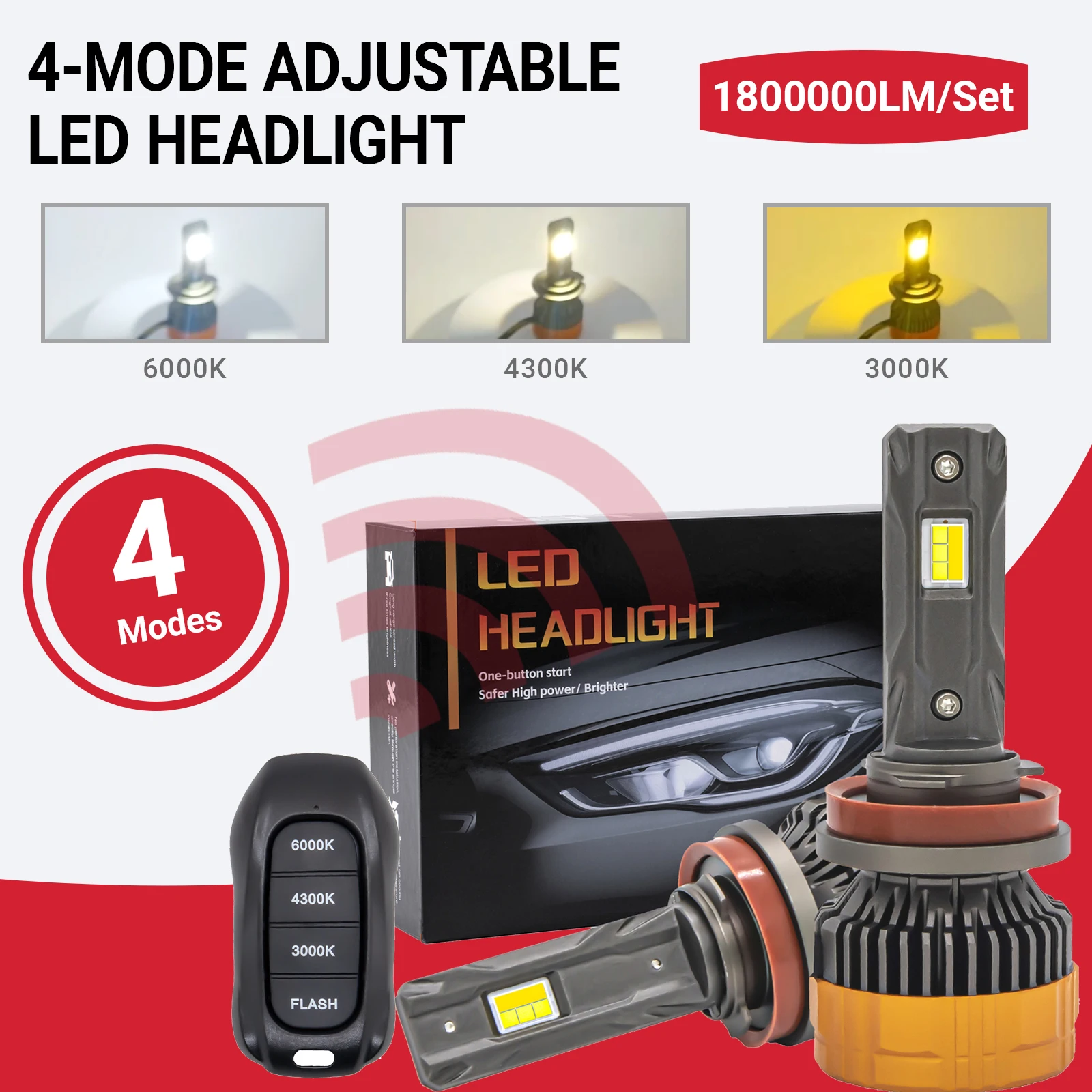 

2 шт. 4-режимные фары с пультом ДУ, 12В, трехцветные, H1 H7 H11 9005 9006 H4 9012, светодиодные лампы с вентилятором охлаждения, аксессуары для автомобилей