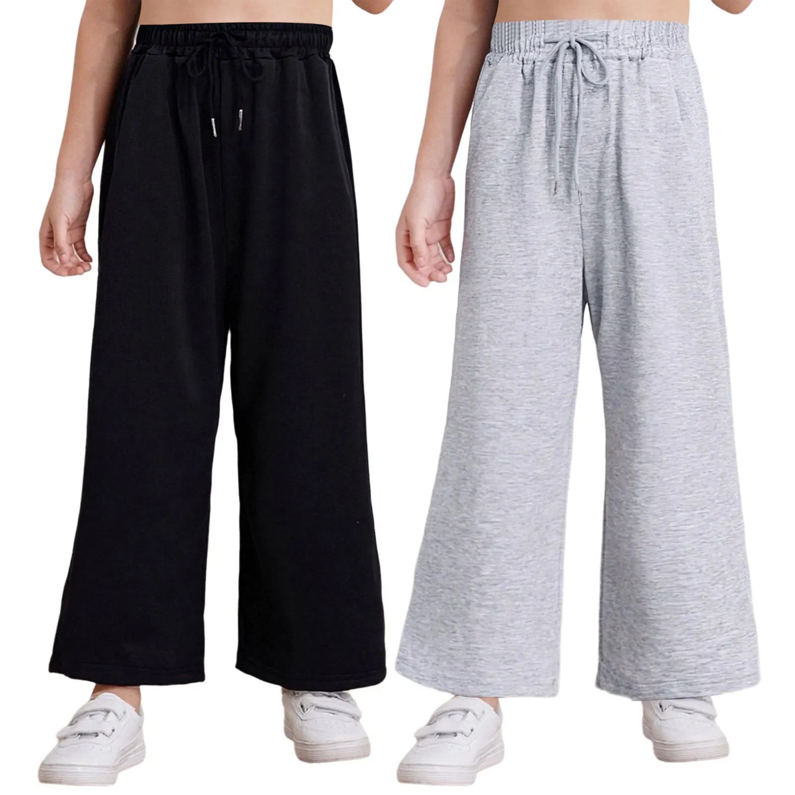 キッズ ボーイズ ガールズ ワイドレッグパンツ ドローストリング ゴムウエストバンド パンツ ポケット付き スポーツ ワークアウト エクササイズ カジュアル 日常着