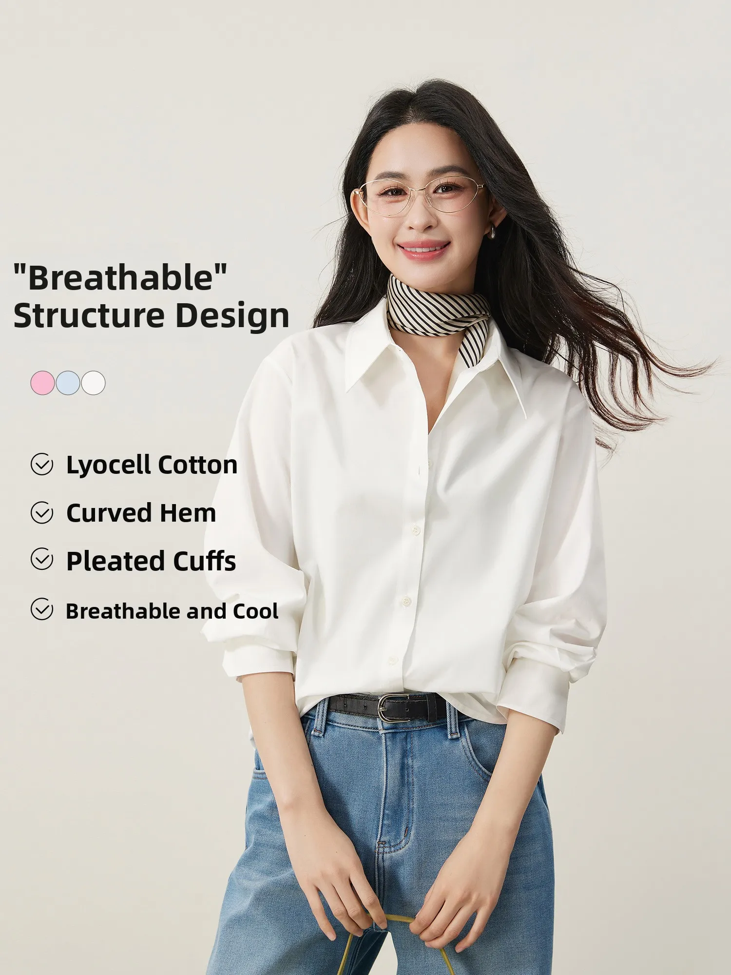 

Ele White Classic Ruche Hem Cotton irt Women's Loose Fit Button Detail Long Sve Spring 2026 Faion Ladies' irt
