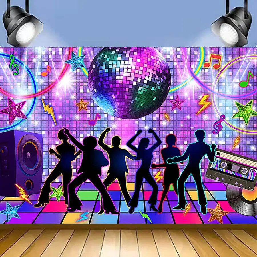 Disco Glitter Photo Backdrop Disco Ball Photo Booth Background Hip Hop Music Dance Crowd Neon Disco Party Decorations Banner