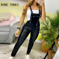 Women Elegant Solid Pu Leather Zipper Decor Overall Suspenders Jumpsuit