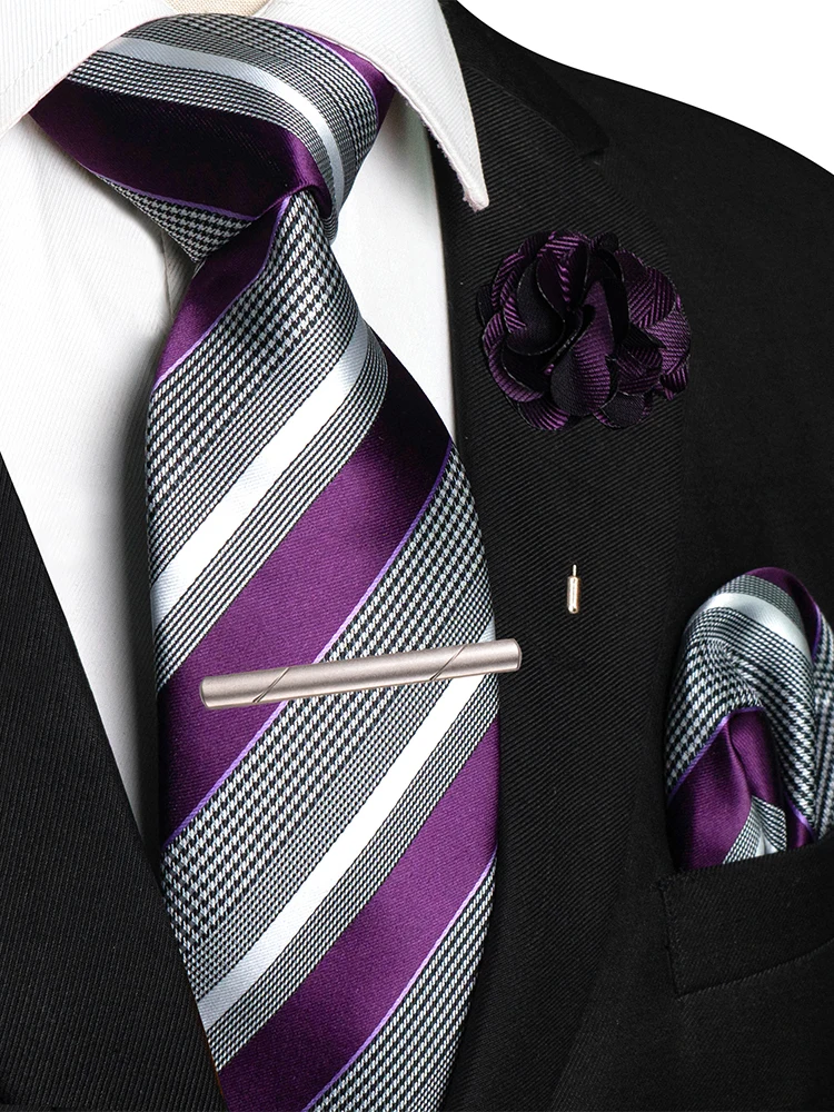 ﻿Luxury Purple Blue Striped Ties for Men 8cm Width Wedding Business Casual Necktie Pocket Square Brooch Set Men Gift Accessories