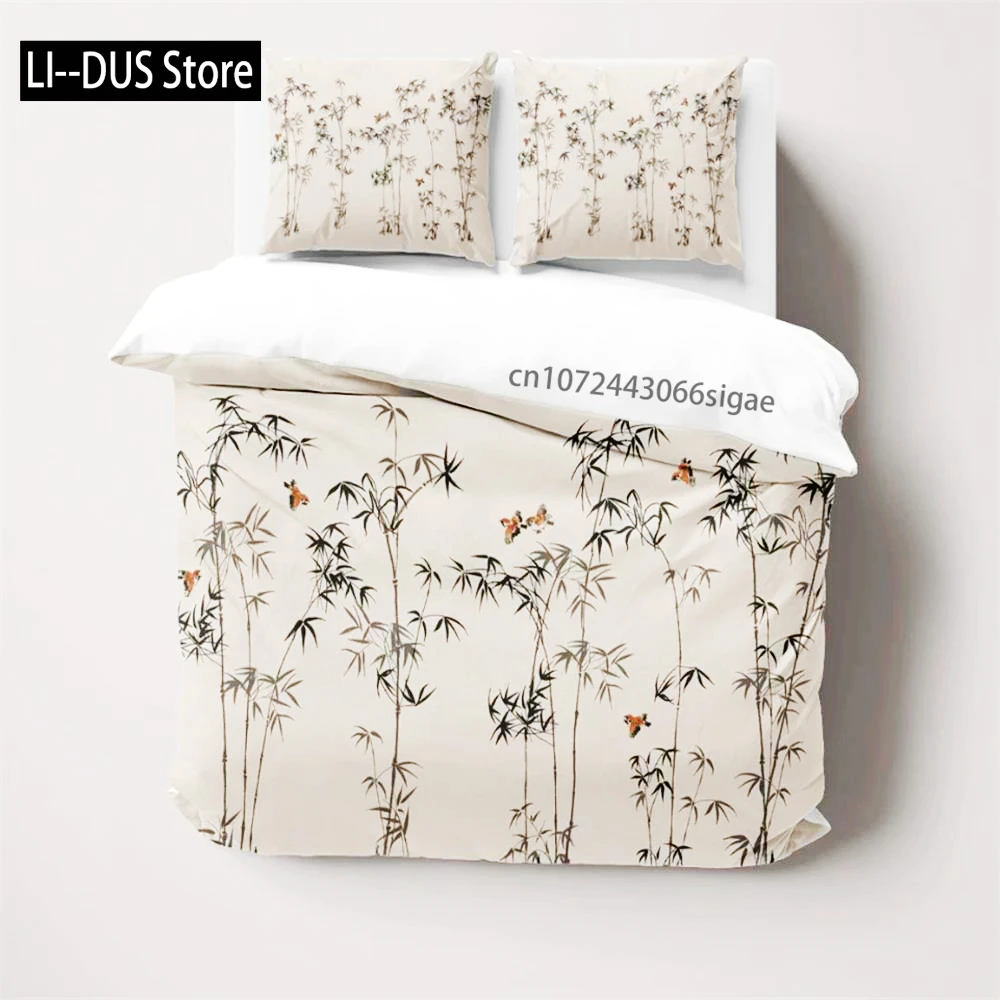 

Japanese Bamboo Birds Duvet Cover Set W Pillowcases, Chinese Botanical Floral Nature Quilt Cover, Single Double Full Queen King