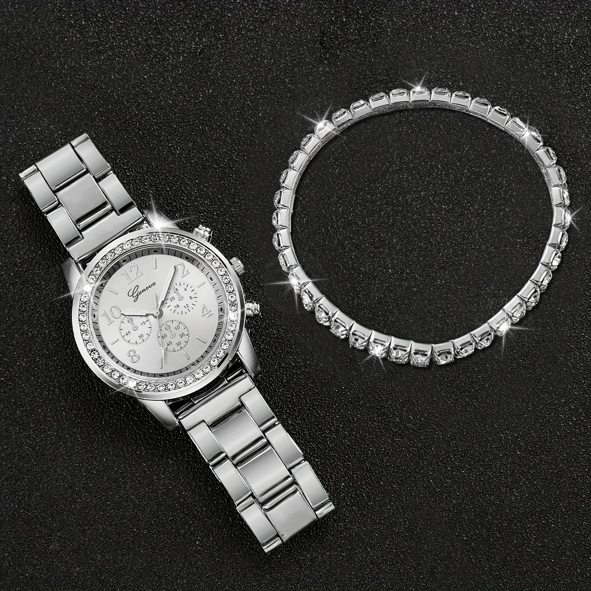 2pcs/set Dazzling Rhinestone Womens Luxury Watch & Bracelet Set - Precise Quartz, Stylish Analog Wristwatch