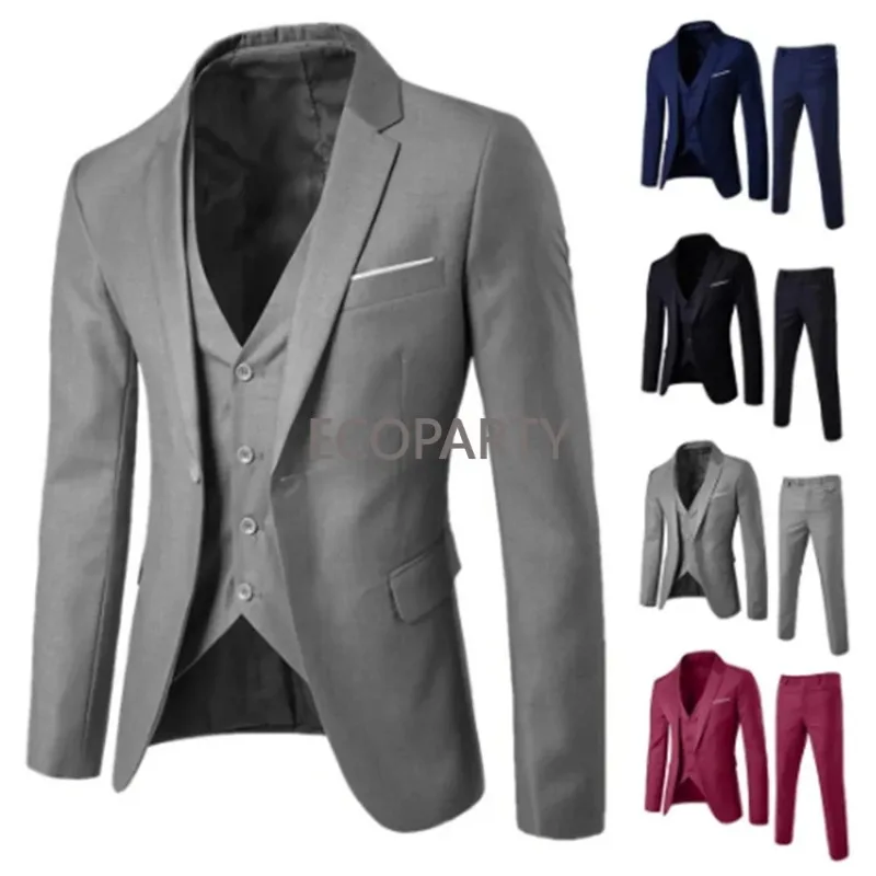 Mode Zomer Dunne Formele Set Plus Size Voor Heren Is Slank 3-delig Pak Bruiloftskostuum Broek Heren Slim Fit Blazer Ecoparty