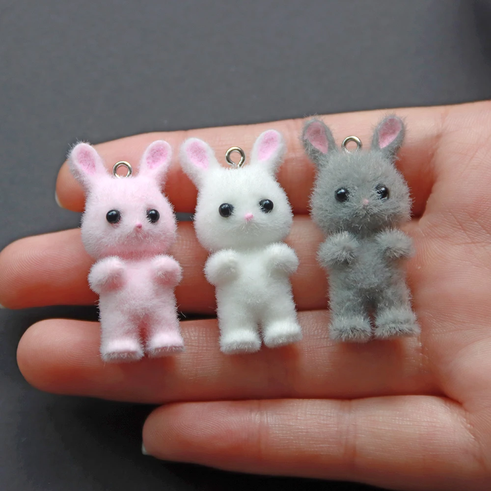 30pcs Cartoon Rabbits Kawaii 3D Fluffy Flocking Animal Rabbits Miniature Dolls Keychain Necklace Pendant DIY Crafts Jewelry Make