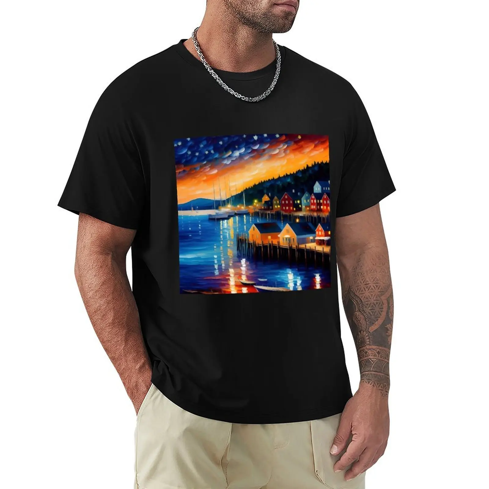Bar Harbor, Acadia, Mount Desert Island, Maine fishing harbor coastal landscape painting T-Shirt Work Casual Loose Fit T-Shirt