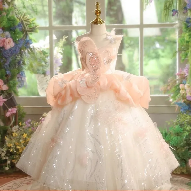 Girls Puffy Tulle Princess Party Dress with Train for Flower Girl Wedding Children Birthday Host Piano Performance Pageant Gown