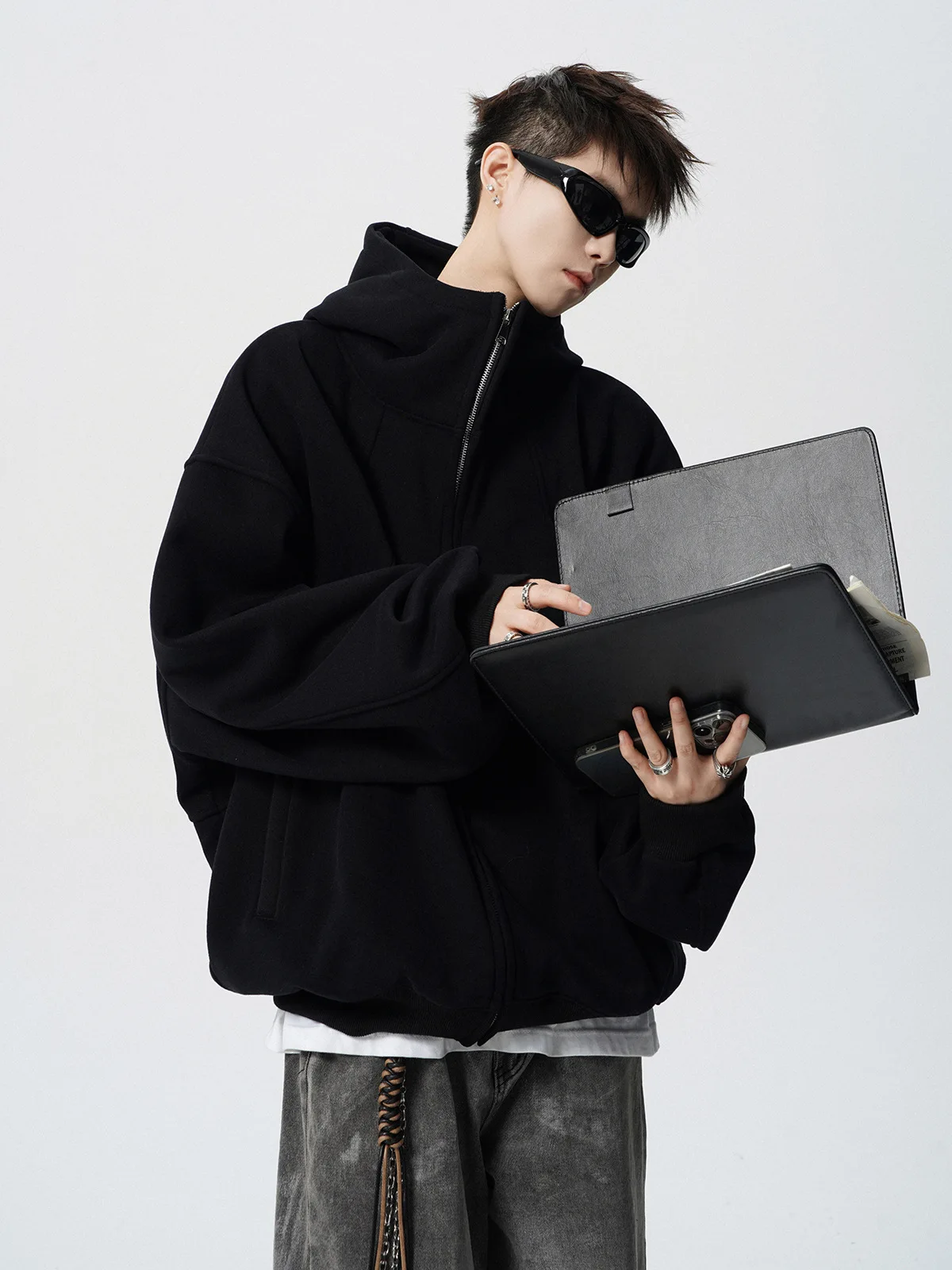 American Deconstruction Hooded Jacket Men's Winter Splicing Sweater High Street Velvet Couple Hoodie