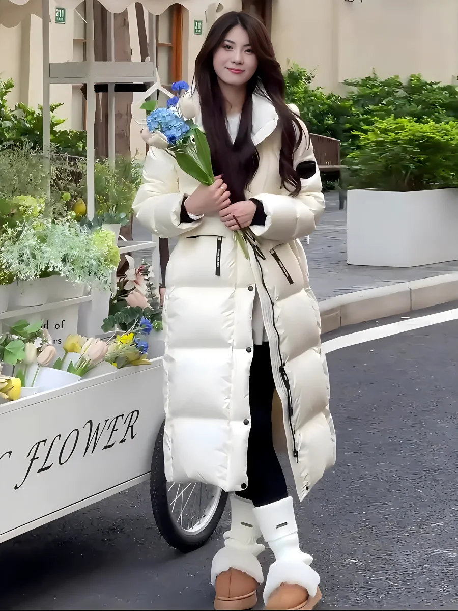 

Модный повседневный высококачественный белый пуховик-пальто для женщин, длинный, с капюшоном и воротником-стойкой, зимняя новинка