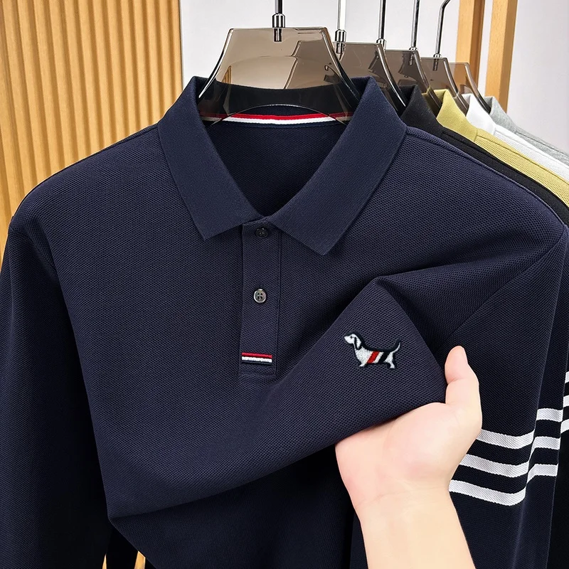 Bestseller 100% Baumwolle Herren Langarm-Poloshirt mit Kragen, Knöpfen und Hundestickerei, Neue Herbst-Winter-Oberteile, Freizeitkleidung für Männer – Detail 6