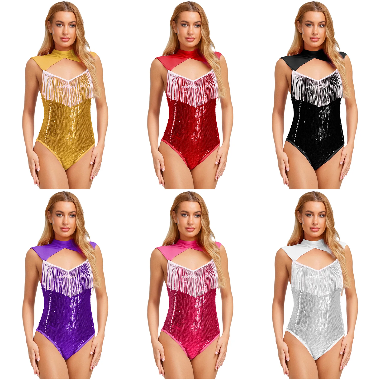 

Womens Shiny Metallic Tassel Bodysuit Disco Dance Outfits One Piece Jumpsuit Hollow Out Sleeveless Fringe Leotard Clubwear