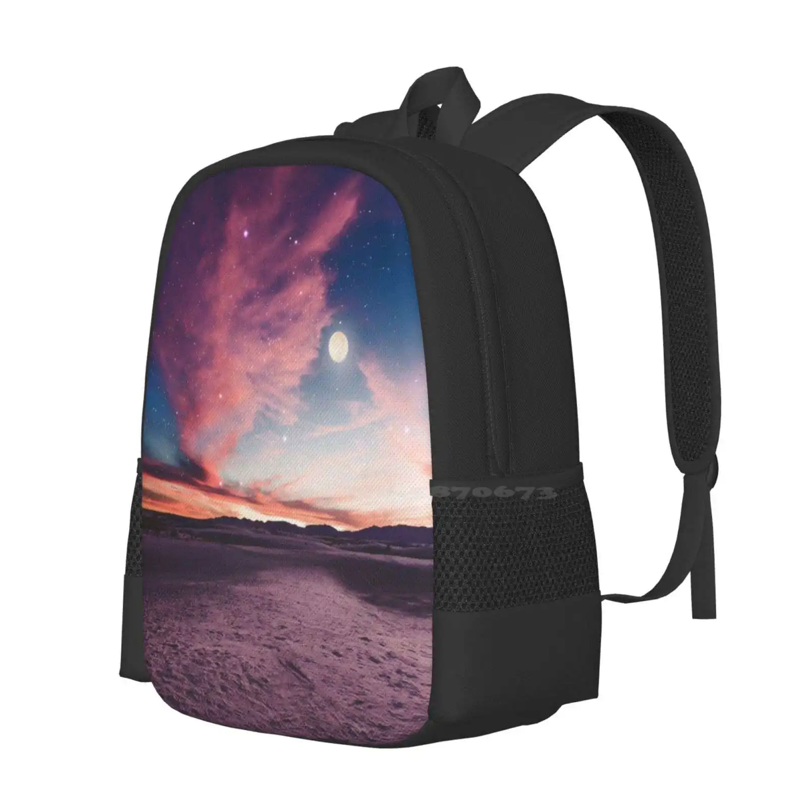 Moon Gazing Hot Sale Schoolbag Backpack Fashion Bags Sunset New Mexico Desert Landscape Nature Pink Purple Sand Dunes Blue