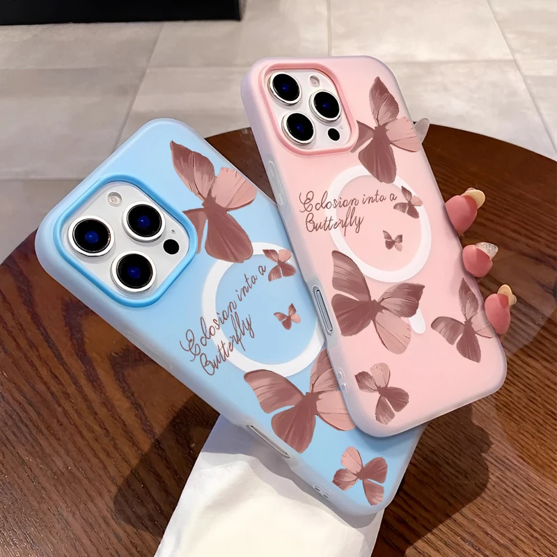 

Магнитный эстетический тренд, розово-красный чехол с узором бабочки для телефона для IPhone 16, 15, 14, 13, 12, 11 PROMAX, силиконовый чехол для телефона
