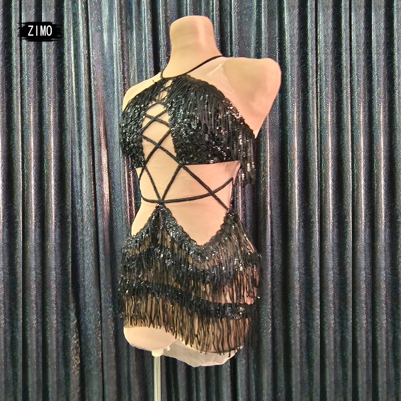 fashion sparkle sequin Little Black Dress short tassel Latin party pole dance performance sexy mesh see through fringe costumes