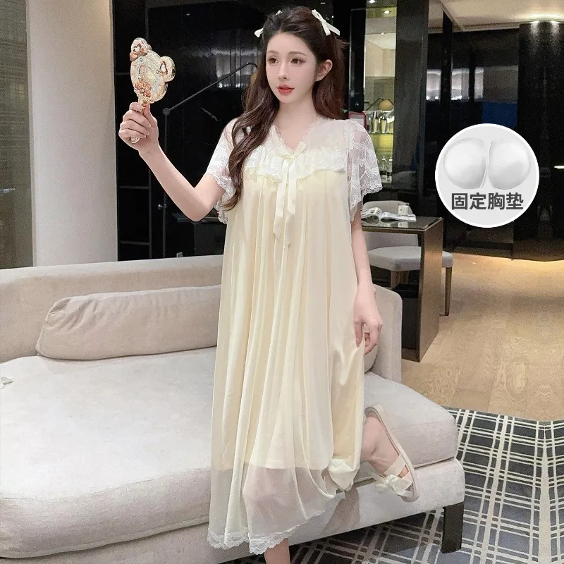 

Solid Lace Bow Mesh Court Princess Style Long Nightgown Women Summer Thin Loose Pajamas Dress with Chest Pad Loungewear Outwear