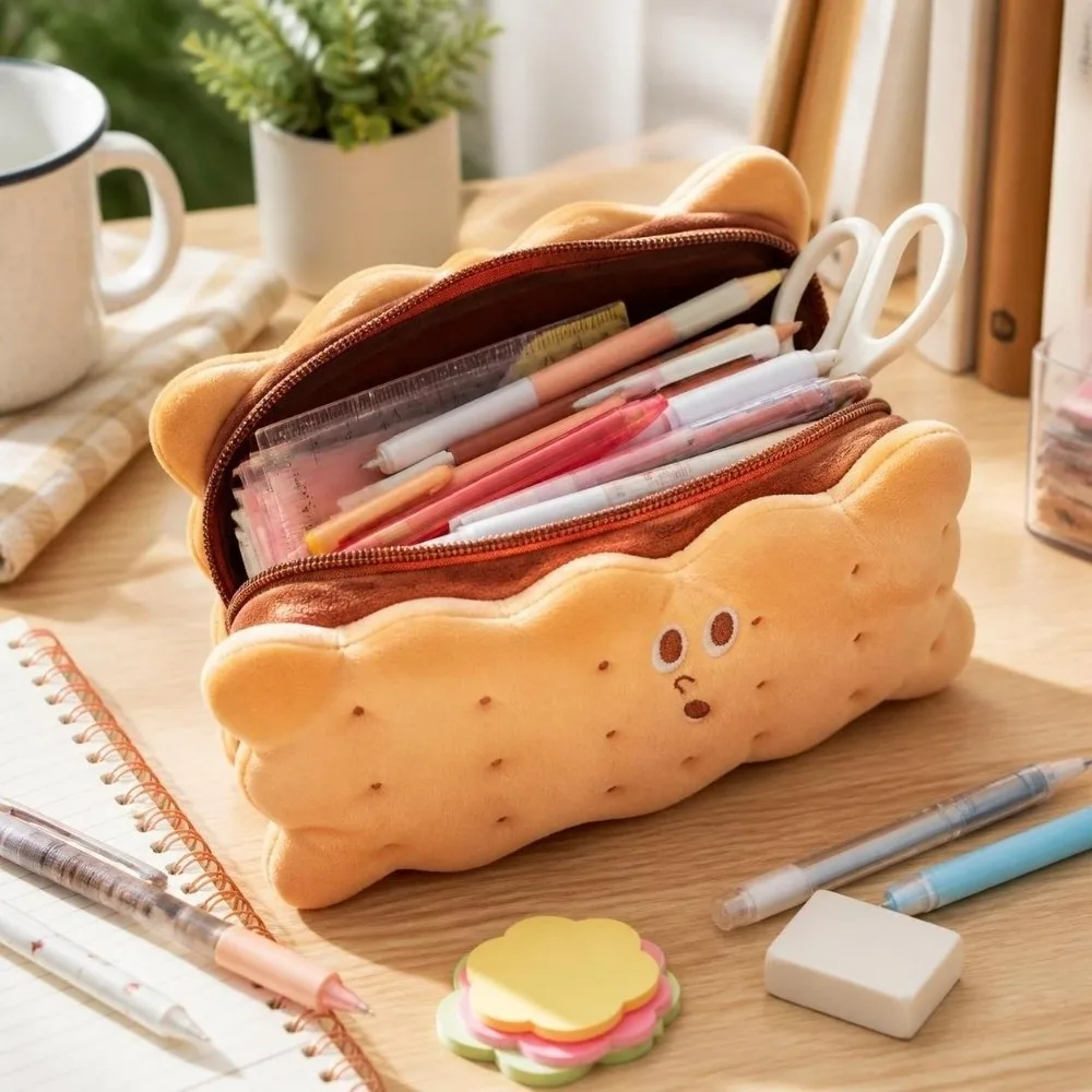 Large Capacity Pencil Box Cartoon Design Cookie Shape Stationery Bag Organizer Portable Cosmetic Pouch Kids Birthday Gift
