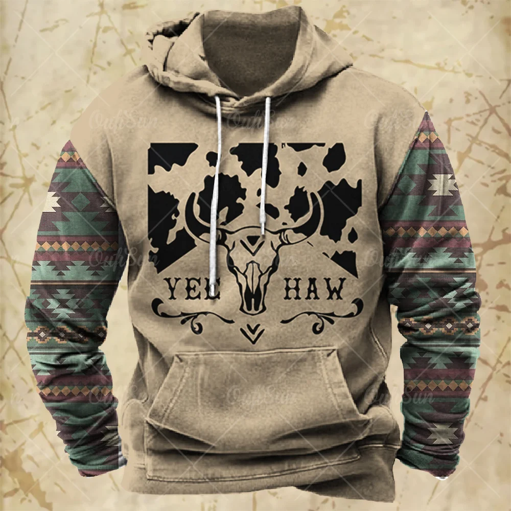 Men Hooded Vintage Print  Sweatshirt Ethnic Style Hoodie Autumn and Winter Oversized Casual Men\'s Clothing Daily Street Pullover