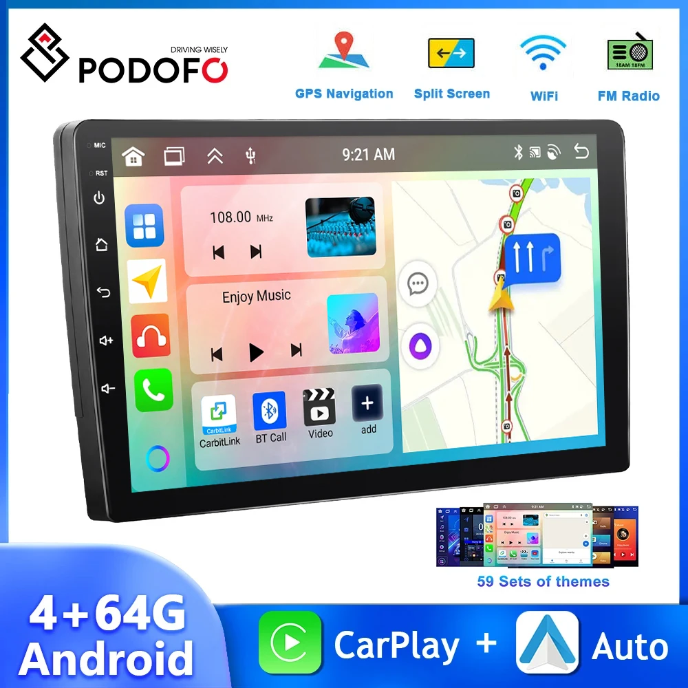 Podofo 9 Inch Android Car Stereo 4+64G Multimedia Player Carplay Android Auto AI Voice WIFI GPS Navigation Bluetooth Car Audio