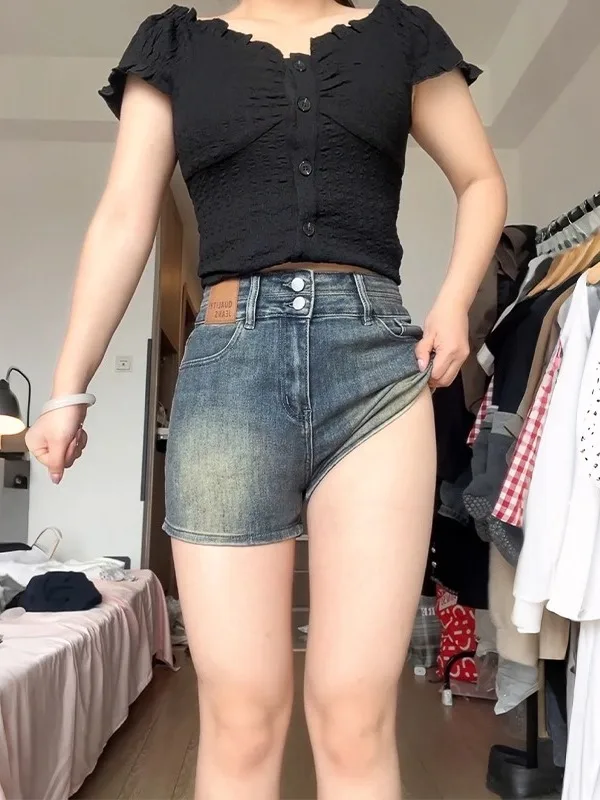 

Retro Blue Denim ort orts Women's Summer New Large Size Fat MM High Waist Slim Pear ape A-Line Hot Pants Casual Sle H...