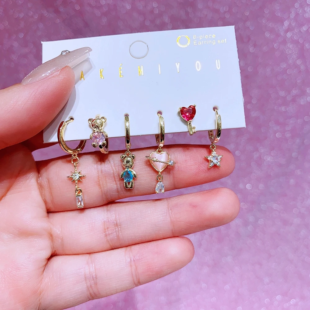 MIGGA 6pcs Mix Design Anime Cartoon Dangle Earrings Set Gold Color Cubic Zircon Women Girls Gift Jewelry
