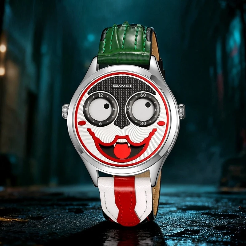 Factory Wholesale Unique Street style Men Watches OEM Customize logo Japan Movement Genuine Leather Clown Design Quartz Watch