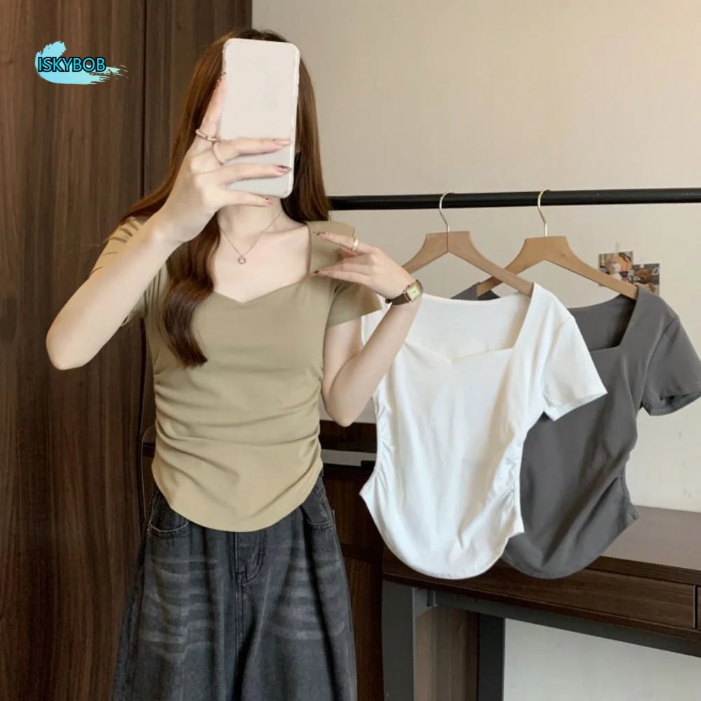 

Sweet Slim Fit Y2K Crop Tops Short Sleeves Pleated Korean T-shirt Women Clothing Summer Solid Short T-shirt Party